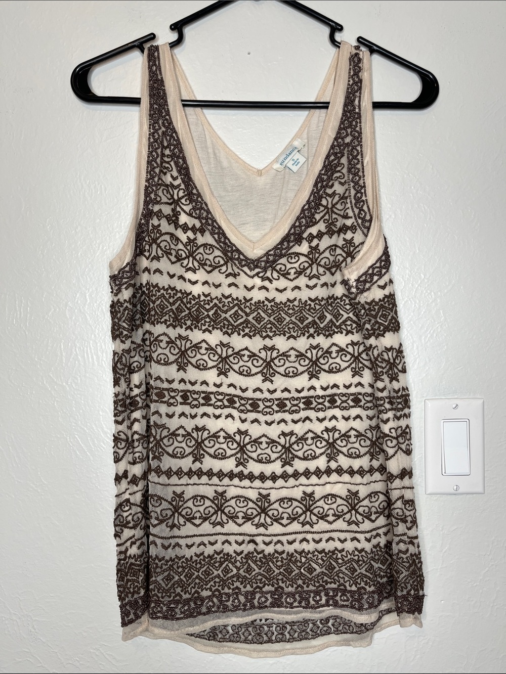 Sundance Bruin Beaded Tank Top Brown/Beige - Size S Boho Geometric Embroidered